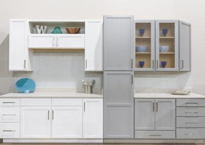 Acadia White and Light Gray Cabinets Finished Vanity White Counter Tops