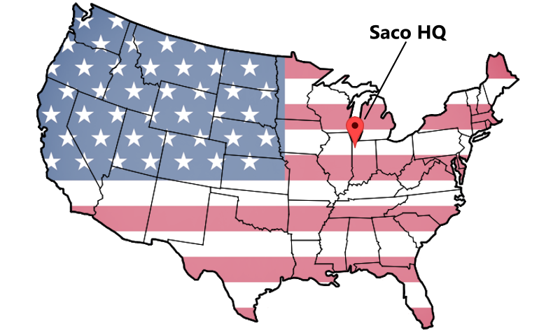 a map of the united states with a flag and a pin on it pointing to Saco Head Quarters